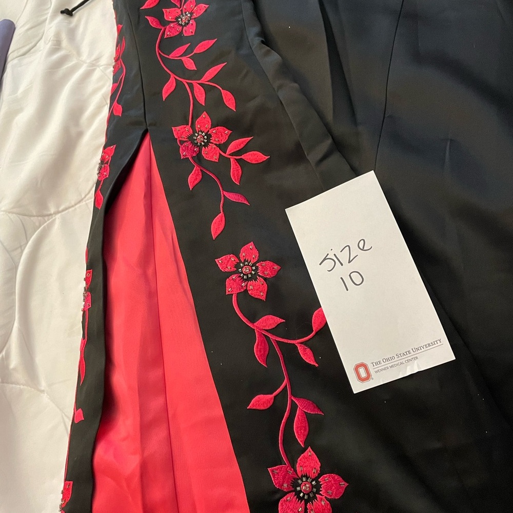 Black Evening Gown with Red Floral Embroidery